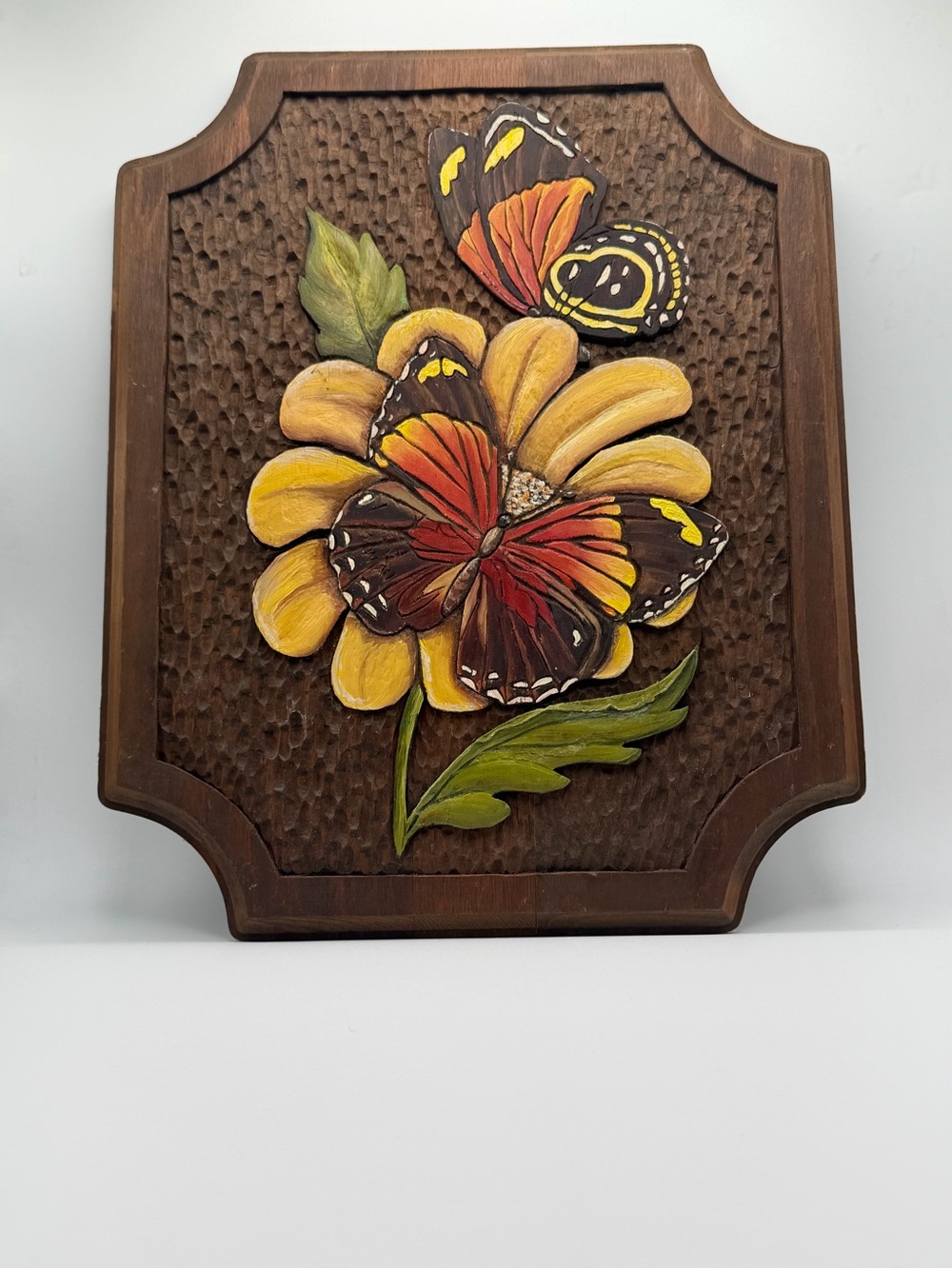 Handcrafted Yellow Flower & Butterfly Wooden Wall Plaque - Approx 14”H x 12”W